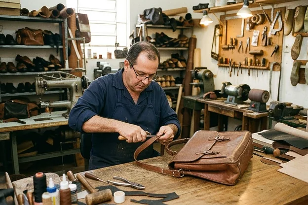 Profissional reformando uma bolsa de couro em Varginha.
