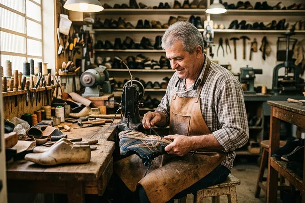 Sapateiro realizando reparo em tênis em Varginha.