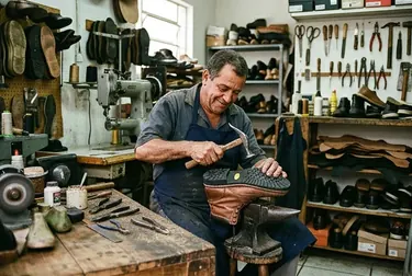 Sapateiro trocando o solado de um calçado em Varginha.