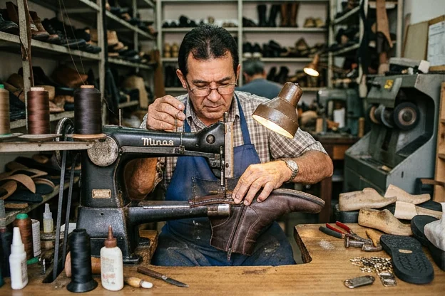Sapateiro consertando o zíper de uma bota em Varginha.